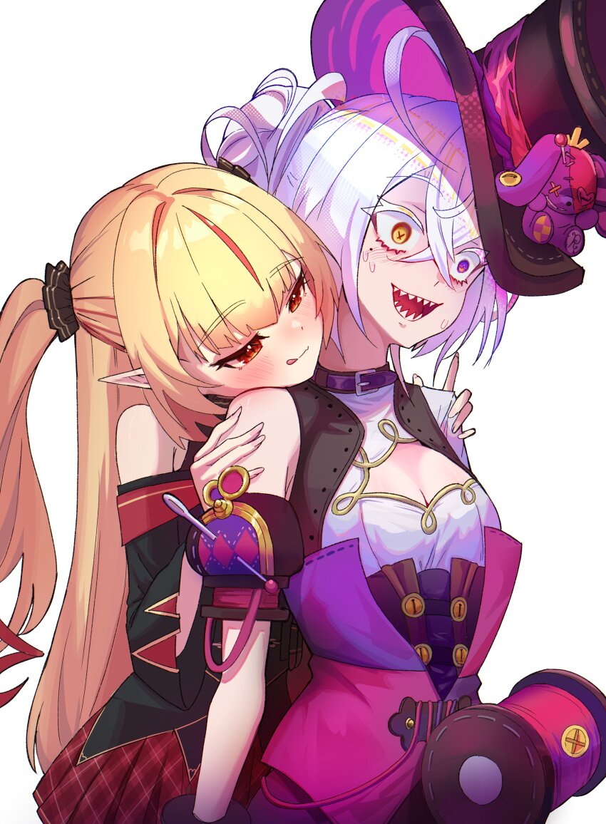2girls, :q, absurdres, ahoge, black_hat, blonde_hair, breasts, chromashift, cleavage, cleavage_cutout, clothing_cutout, crossed_bangs, hair_between_eyes, hands_on_another's_shoulders, hat, heterochromia, highres, huge_ahoge, krma, long_hair, mole, mole_under_eye, multicolored_hair, multiple_girls, open_mouth, pleated_skirt, purple_eyes, red_eyes, red_hair, red_skirt, riki_poppet, ruby_runeheart, sharp_teeth, shirt, skirt, streaked_hair, stuffed_animal, stuffed_rabbit, stuffed_toy, sweat, symbol-shaped_pupils, teeth, tongue, tongue_out, virtual_youtuber, white_hair, white_shirt, x-shaped_pupils, yellow_eyes, yuri