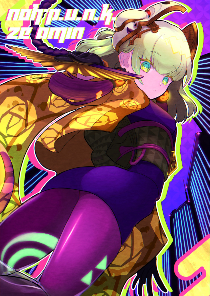 1girl, ass, cowboy_shot, duel_monster, from_behind, green_eyes, green_hair, hand_fan