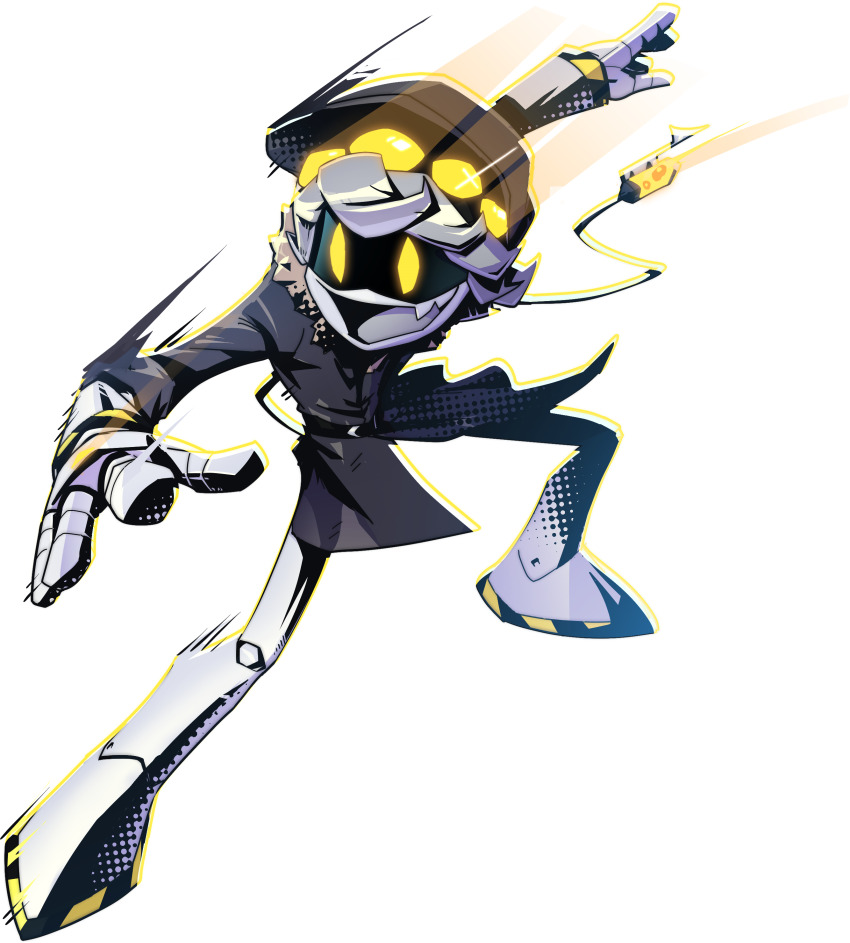 absurdres, belt, black_belt, black_coat, black_hat, black_sleeves, cable, cable_tail, coat, fake_tail, fang, fewer_digits, fur_collar, glitch_productions, glitchx, grey_hair, grey_tongue, halftone, happy, hat, highres, humanoid_robot, joints, legs_apart, long_sleeves, mansizedmeatbls, mechanical_arms, mechanical_hair, mechanical_hands, mechanical_head, mechanical_legs, mechanical_tail, metal_hair, metal_skin, murder_drones, n_(murder_drones), no_humans, no_pants, official_art, open_mouth, robot, robot_joints, screen, second-party_source, short_hair, skin_fang, sleeves_rolled_up, smear_frame, syringe, tail, tongue, yellow_eyes