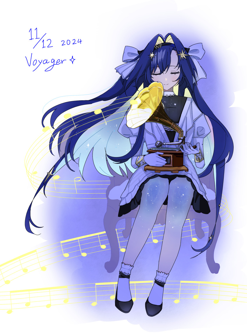 1girl, 2024, absurdres, ankle_socks, beamed_eighth_notes, black_footwear, black_hairband, blonde_hair, blue_hair, chair, character_name, closed_eyes, dated, dress, facing_viewer, floating_hair, frilled_socks, frills, full_body, gloves, gradient_hair, hairband, half_note, highres, jiubai_(shiro), juliet_sleeves, long_hair, long_sleeves, multicolored_hair, musical_note, musical_staff, on_chair, phonograph, puffy_sleeves, quarter_note, reverse:1999, short_dress, sitting, smile, socks, solo, starry_skin, straight-on, very_long_hair, voyager_(reverse:1999), white_background, white_dress, white_gloves, white_socks