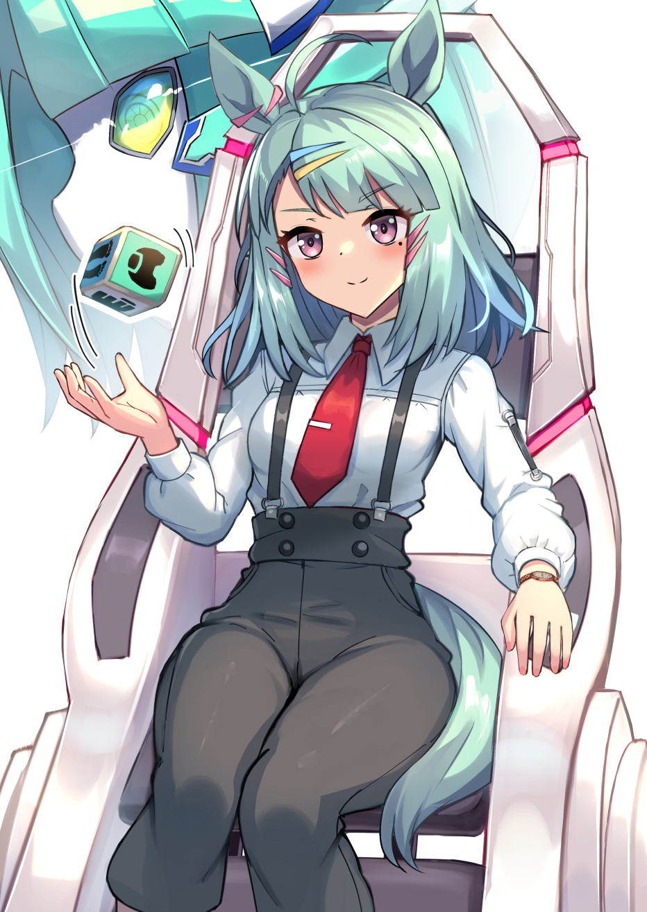 2girls, ahoge, animal_ears, black_pants, breasts, commentary_request, custom_robo, green_hair