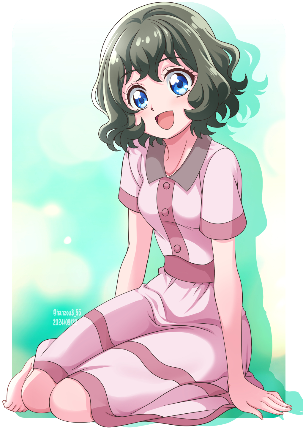 1girl, blue_eyes, blush, buttons, chiran_yuma, dated, green_hair, hanzou, highres, open_mouth, pink_shirt, pink_skirt, precure, shirt, short_hair, short_sleeves, skirt, smile, solo, twitter_username, wonderful_precure!