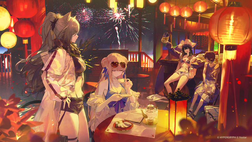 1boy, 3girls, aerial_fireworks, alcohol, animal_ears, arknights, bikini, black_shorts