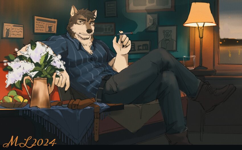 3boys, animal_ears, black_footwear, black_pants, blue_shirt, boots, chinese_commentary, cigarette