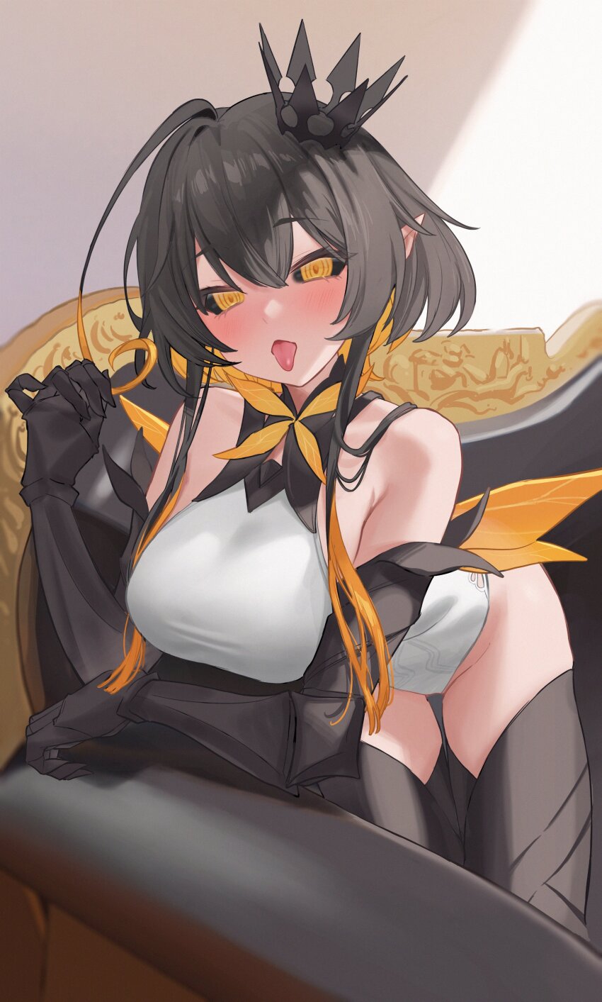 1girl, absurdres, ahoge, arthropod_girl, bare_shoulders, bee_girl, bee_wings, black_hair