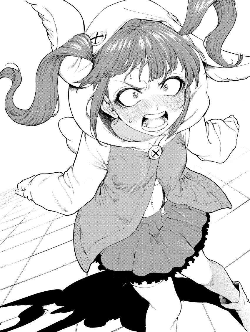 1girl, bleach, bleach:_sennen_kessen-hen, blush, boots, dokugamine_riruka, feet_out_of_frame, floating_hair, greyscale, highres, hood, hood_up, hoodie, long_hair, long_sleeves, looking_at_viewer, monochrome, morimoto_atsushi, navel, open_mouth, pleated_skirt, screaming, shadow, skirt, solo, standing, sweatdrop, twintails