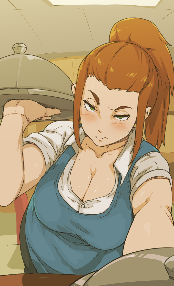 1girl, apron, blue_apron, blush, breasts, brown_hair, cleavage, closed_mouth, commentary, diner_dash, english_commentary, flo_(diner_dash), green_eyes, high_ponytail, holding, holding_tray, indoors, large_breasts, looking_at_viewer, ponytail, short_sleeves, solo, table, tray, tyrone, upper_body, waitress