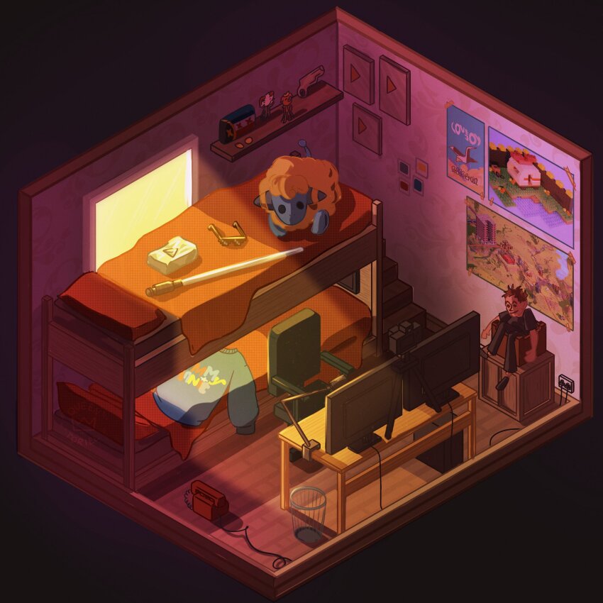 absurdly_detailed_composition, bed, bedroom, bunk_bed, character_doll, commentary, computer, deal_with_it_(meme)