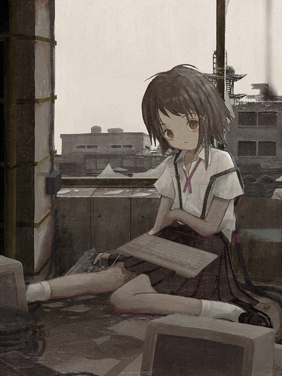1girl, antenna_hair, bags_under_eyes, black_shoes, black_skirt, breast_pocket, brown_eyes, brown_hair