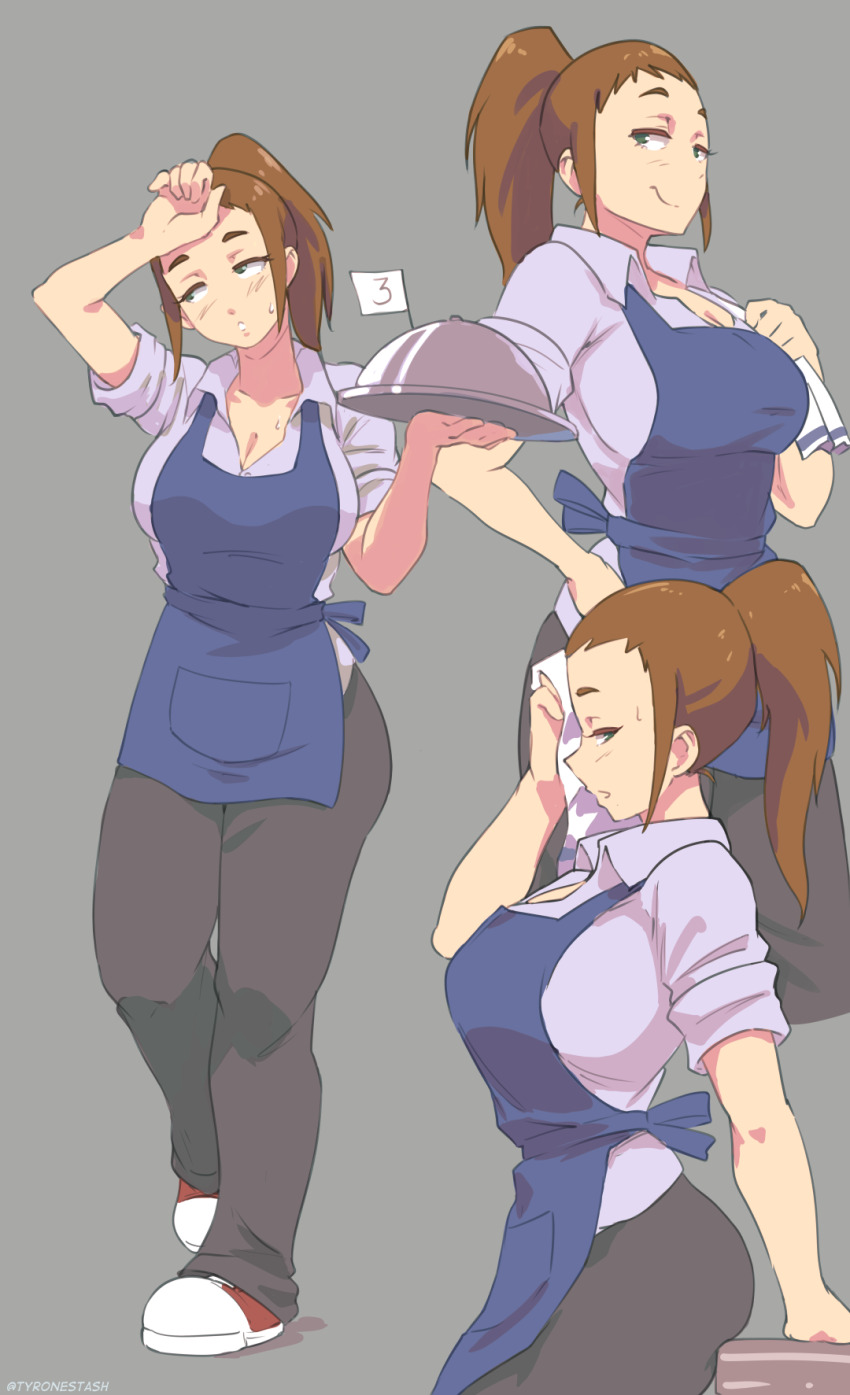 1girl, apron, black_pants, blue_apron, breasts, brown_hair, cleavage, collarbone