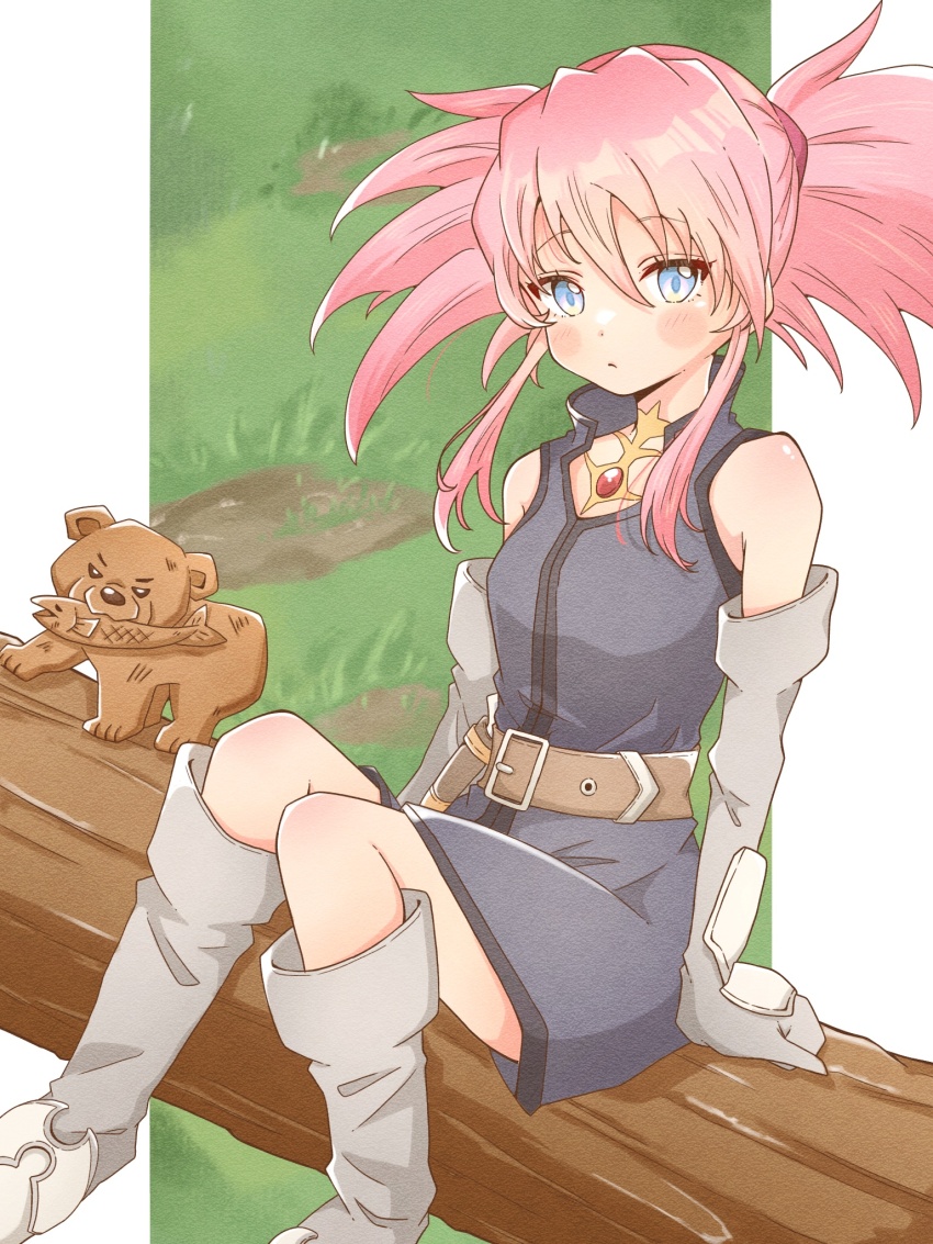 1girl, belt, blue_eyes, blush, boots, closed_mouth, commentary_request, dot_nose