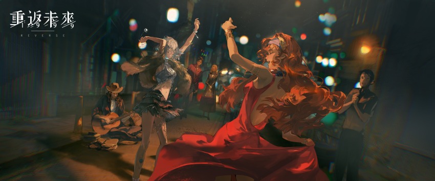 3boys, 3girls, acoustic_guitar, arm_tattoo, arm_up, arms_up, back, backless_dress, backless_outfit, bianca_(reverse:1999), black_skirt, blue_headband, blurry, blurry_background, bob_cut, bokeh, bracelet, building, closed_eyes, copyright_name, cowboy_hat, dancing, depth_of_field, dress, dutch_angle, earrings, feather_boa, feet_out_of_frame, from_behind, grey_hair, grey_tank_top, guitar, hands_up, hat, headband, highres, holding, holding_guitar, holding_instrument, holding_own_dress, holding_pendulum, indian_style, instrument, jewelry, lamppost, leg_tattoo, logo, long_dress, mercuria_(reverse:1999), miniskirt, multiple_boys, multiple_girls, music, navel, night, official_art, on_ground, open_mouth, orange_hair, pendulum, people, playing_guitar, playing_instrument, red_dress, reverse:1999, road, short_hair, sitting, skirt, smile, stomach, street, tank_top, tattoo