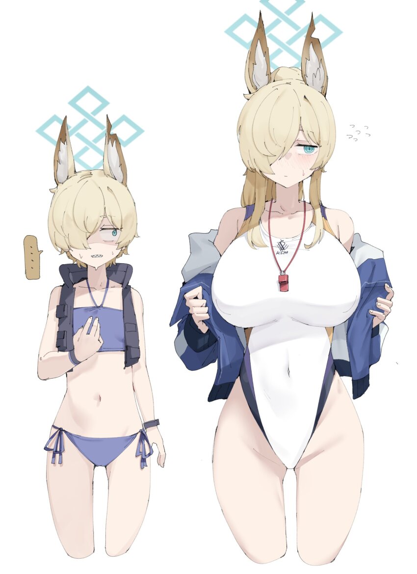 aged_down, animal_ear_fluff, animal_ears, bikini, blonde_hair, blue_archive, blue_bikini, blue_halo, blue_jacket, breasts, competition_swimsuit, cosplay, cropped_legs, dog_ears, flat_chest, gurenola, hair_over_one_eye, halo, highleg, highleg_one-piece_swimsuit, highres, jacket, kanna_(blue_archive), kanna_(swimsuit)_(blue_archive), large_breasts, long_hair, navel, notched_ear, official_alternate_costume, one-piece_swimsuit, ponytail, sharp_teeth, side-tie_bikini_bottom, swimsuit, teeth, valkyrie_police_academy_student_(blue_archive), valkyrie_police_academy_student_(blue_archive)_(cosplay), vest, whistle, whistle_around_neck, white_one-piece_swimsuit