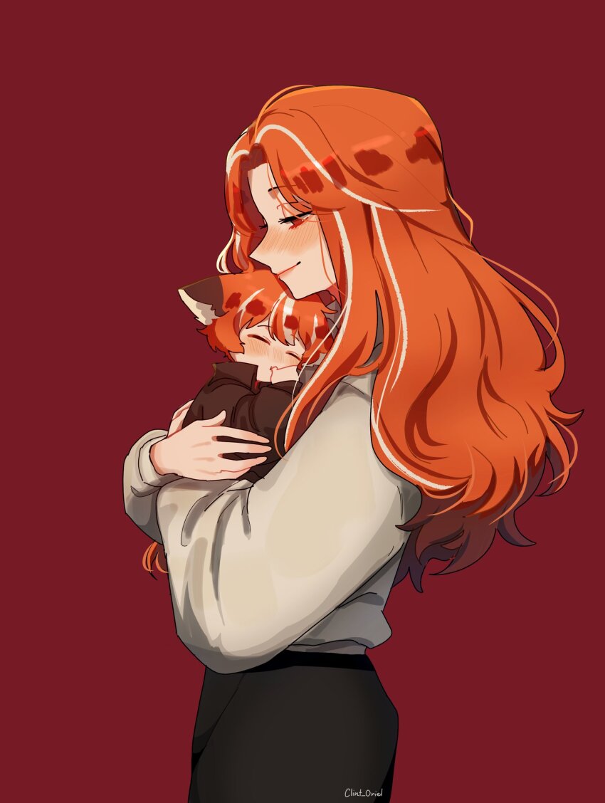 1boy, 1girl, aged_down, animal_ears, black_pants, blush, carrying, carrying_person, child, clint_oriel, commentary, dream_smp, english_commentary, family_bonding, fox_boy, fox_ears, fundy_(youtuber), highres, humanization, long_hair, long_sleeves, minecraft_youtube, mother_and_child, mother_and_son, multicolored_hair, orange_hair, orange_theme, pants, parent_and_child, personification, profile, red_background, sally_the_salmon, shirt, short_hair, signature, simple_background, smile, streaked_hair, thumb_sucking, toddler, white_hair, white_shirt