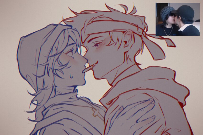 2boys, absurdres, ahoge, animification, beanie, blush, commentary, cross