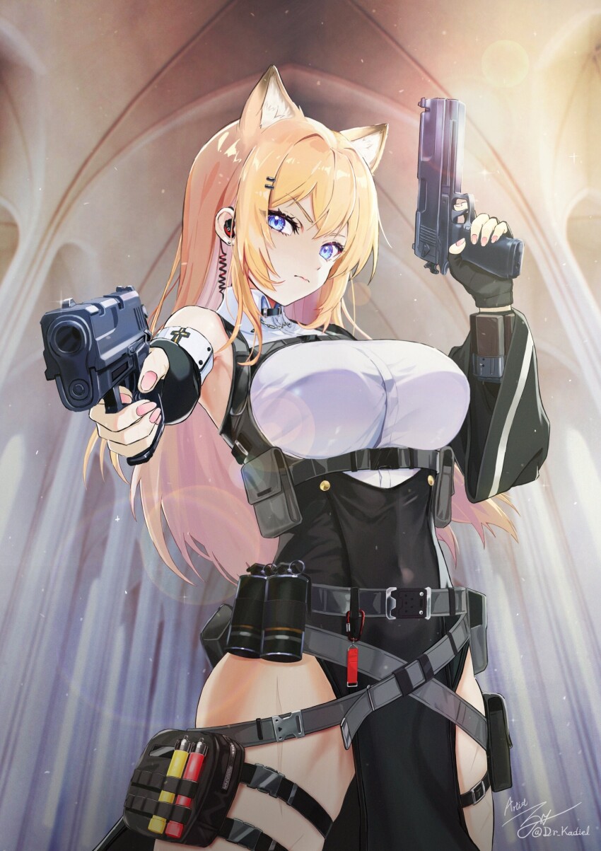 1girl, absurdres, aiming, aiming_at_viewer, animal_ears, armpits, bare_shoulders, belt