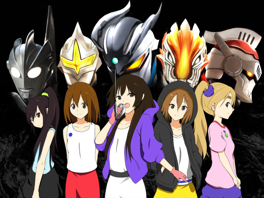 5girls, akiyama_mio, alien, bad_id, bad_pixiv_id, crossover, fumei_(mugendai), giant