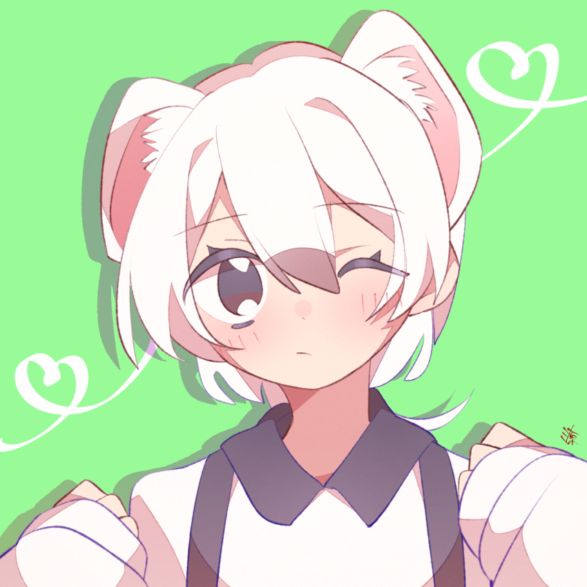 1girl, 37minamoto, :/, animal_ears, brown_eyes, green_background, highres, kemono_friends