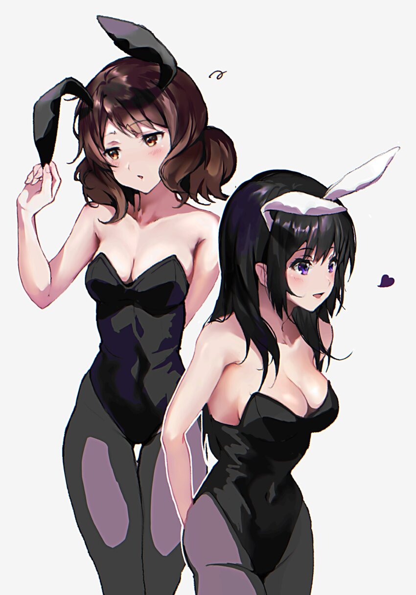2girls, animal_ears, black_hair, black_pantyhose, breasts, brown_hair, cleavage, heart