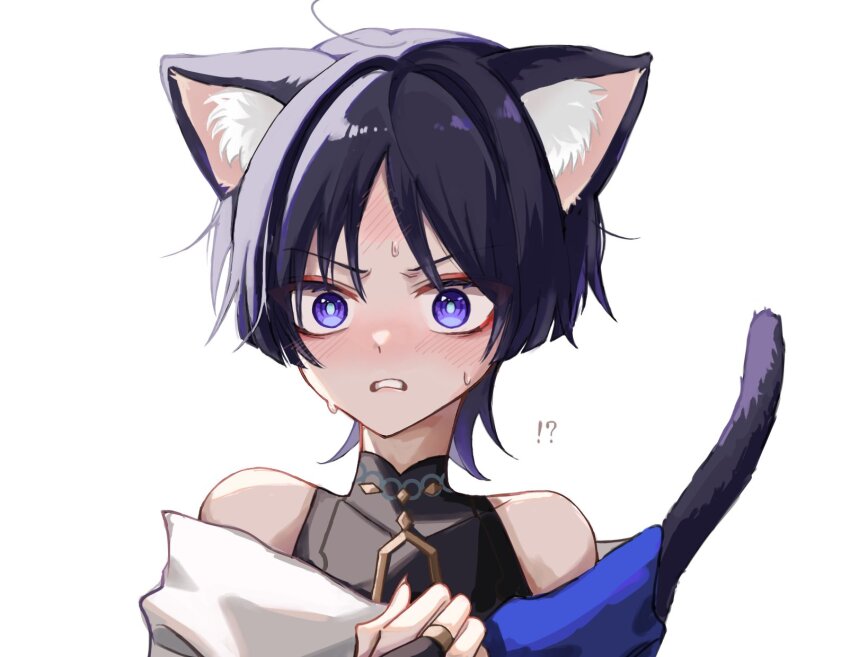 !?, 1boy, animal_ear_fluff, animal_ears, black_bodysuit, black_hair, blue_cape, blunt_ends