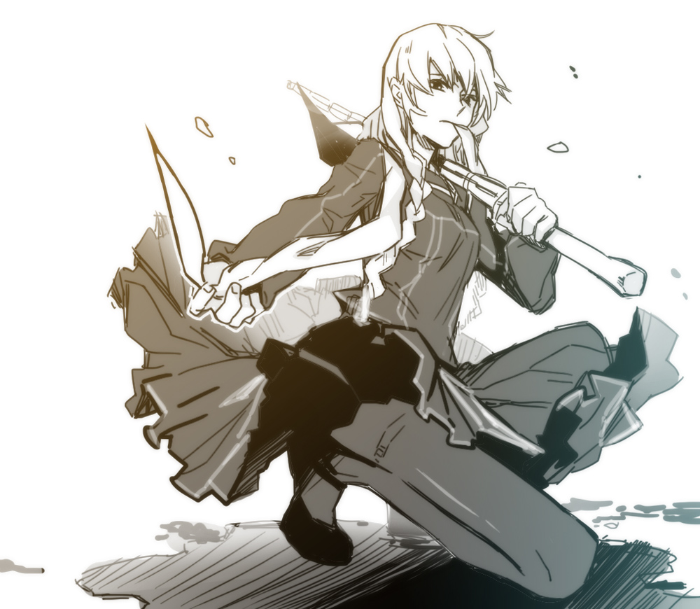 1girl, atlus, bad_id, bad_pixiv_id, bokken, crossdressing, crossdressing_(ftm), female_focus, greyscale, monochrome, moros1, narukami_yu, pantyhose, persona, persona_4, school_uniform, solo, sword, thighband_pantyhose, weapon, wig, wooden_sword