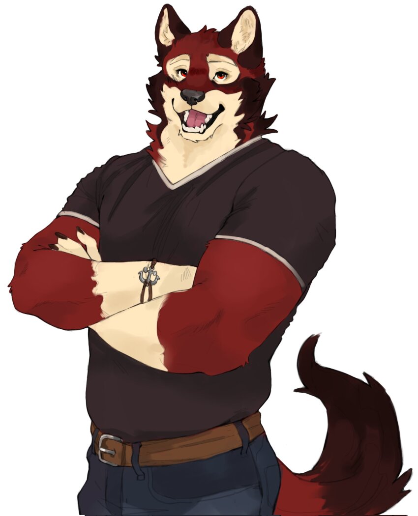 1boy, anchor_bracelet, animal_ears, belly, black_shirt, claws, commentary, crossed_arms