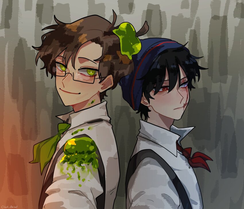 2boys, animification, back-to-back, beanie, bishounen, black_hair, blue_hat, brown_hair