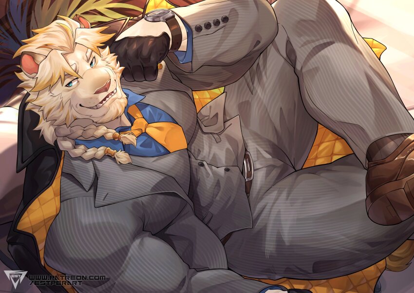 1boy, absurdres, animal_ears, artist_logo, astosis_(live_a_hero), bara, belt, black_gloves