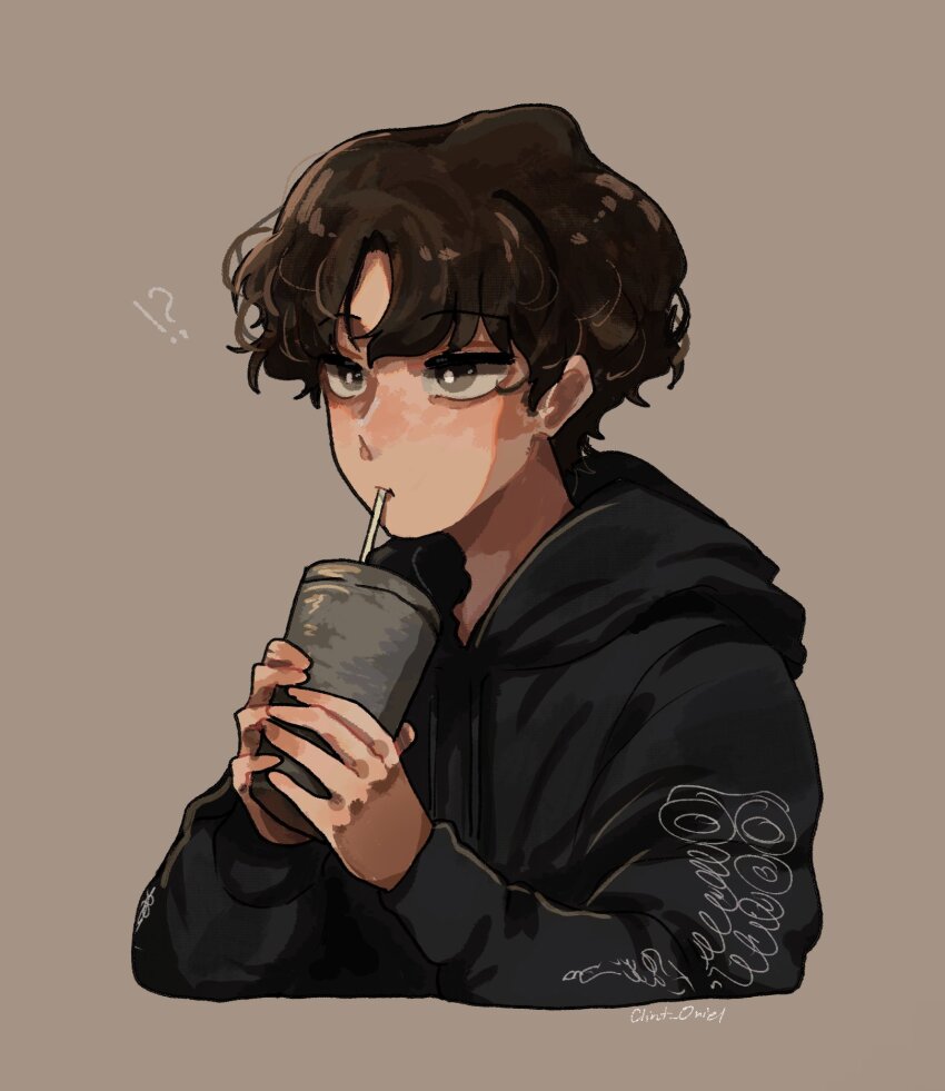 !?, 1boy, animification, black_hoodie, bright_pupils, brown_hair, clint_oriel, commentary