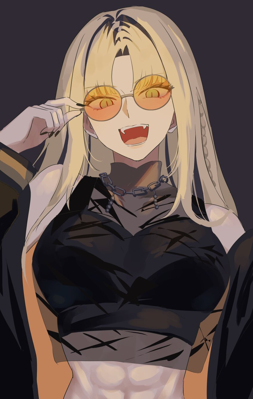 1girl, absurdres, black_background, black_gloves, black_hair, black_nails, blonde_hair, breasts, chain, chain_necklace, commentary, crop_top, gloves, hashtag-only_commentary, highres, hololive, hololive_dev_is, jewelry, koganei_niko, large_breasts, long_hair, long_sleeves, looking_at_viewer, multicolored_hair, muscular, muscular_female, nail_polish, necklace, open_mouth, orange-tinted_eyewear, parted_bangs, simple_background, sleeveless, solo, streaked_hair, teeth, tiger_girl, tinted_eyewear, tsukuno_tsuki, upper_body, virtual_youtuber
