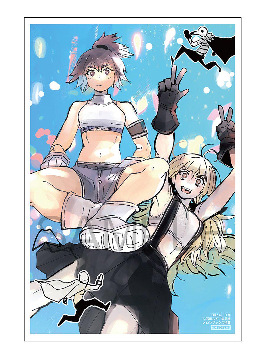 2boys, 2girls, black_hair, blonde_hair, blue_background, breasts, choujin_x, covering_face, higashi_azuma_(choujin_x), highres, ishida_sui, kurohara_tokio_(choujin_x), long_hair, medium_breasts, midriff, multiple_boys, multiple_girls, official_art, otta_ely_(choujin_x), shishinegura_palma, short_hair, small_breasts, tank_top