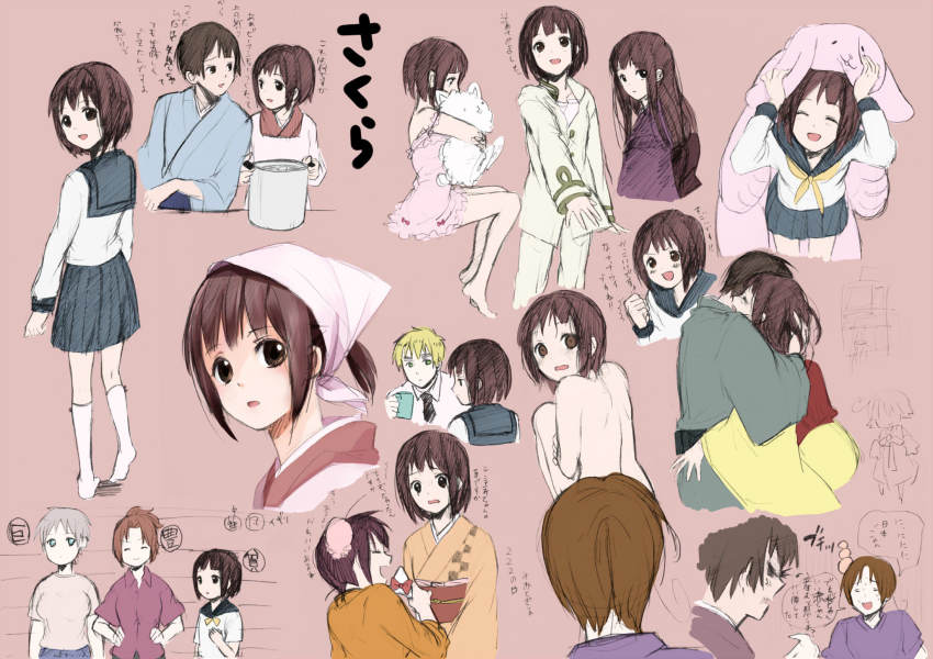 3boys, 4girls, ahoge, alternate_hairstyle, anger_vein, angry, apron, arms_up