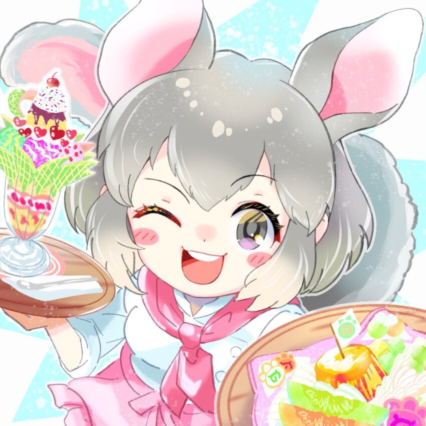 1girl, apron, common_brushtail_possum_(kemono_friends), grey_eyes, grey_hair, holding, holding_tray, kemono_friends, one_eye_closed, possum_ears, possum_girl, possum_tail, shifon29chiffon, tray