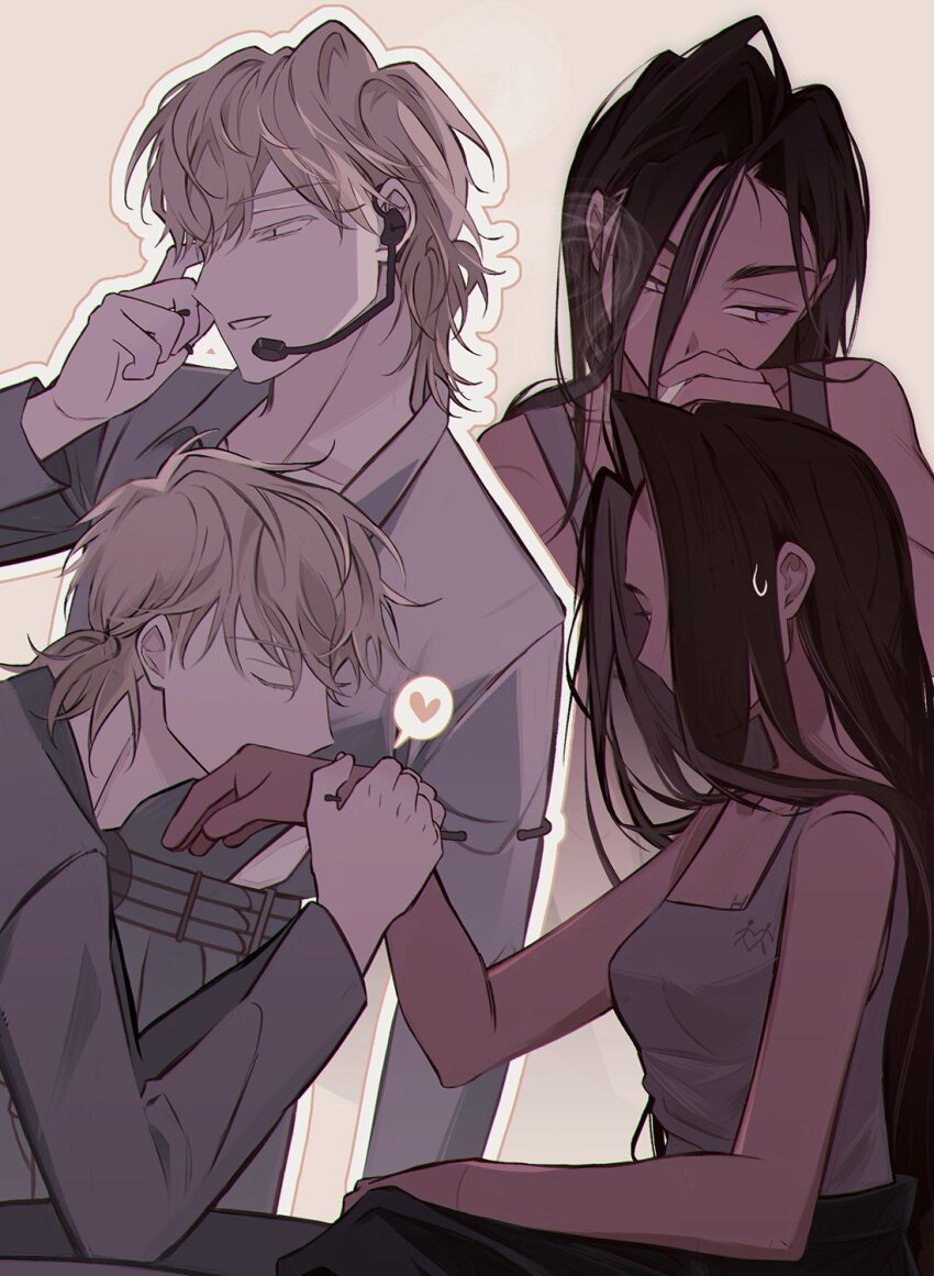 1boy, 1girl, alien_stage, bare_shoulders, blonde_hair, cigarette, closed_eyes, commentary