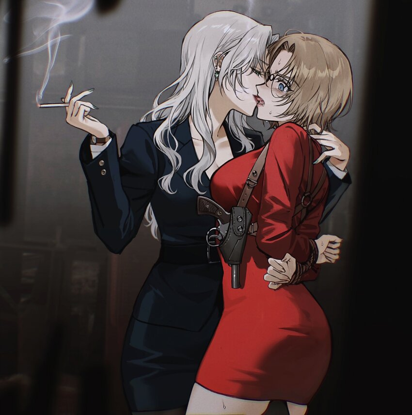 2girls, absurdres, arms_behind_back, black_jacket, black_skirt, blue_eyes, blush, bound, bound_wrists, cigarette, commentary, cowboy_shot, curtained_hair, dress, earrings, formal_clothes, french_kiss, glasses, green_eyes, grey_hair, grey_nails, gun, highres, holding, holding_cigarette, holster, jacket, jewelry, jodie_starling, kiss, kuga_huna, lapels, leg_between_thighs, light_brown_hair, meitantei_conan, multiple_girls, nail_polish, notched_lapels, pantyhose, parted_bangs, pencil_skirt, red_dress, restrained, rope, shoulder_holster, skirt, smoke, smoke_trail, suit_jacket, tearing_up, tongue, vermouth_(meitantei_conan), watch, wavy_hair, weapon, wristwatch, yuri