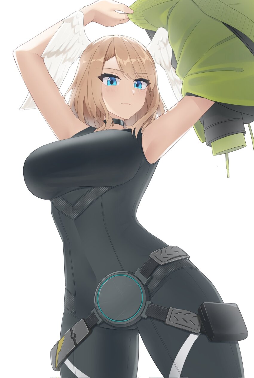 1girl, belt, black_bodysuit, black_choker, black_jacket, blue_eyes, bodysuit, breasts