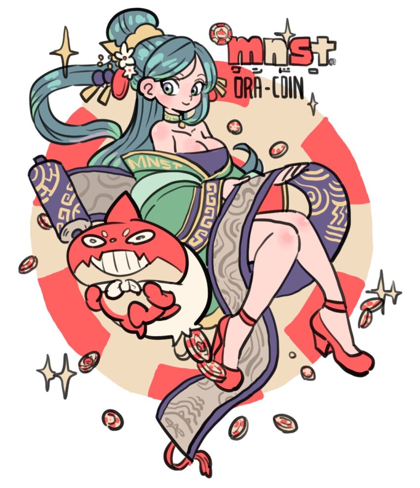 1girl, bare_shoulders, choker, coin, commentary_request, creature, full_body, green_eyes