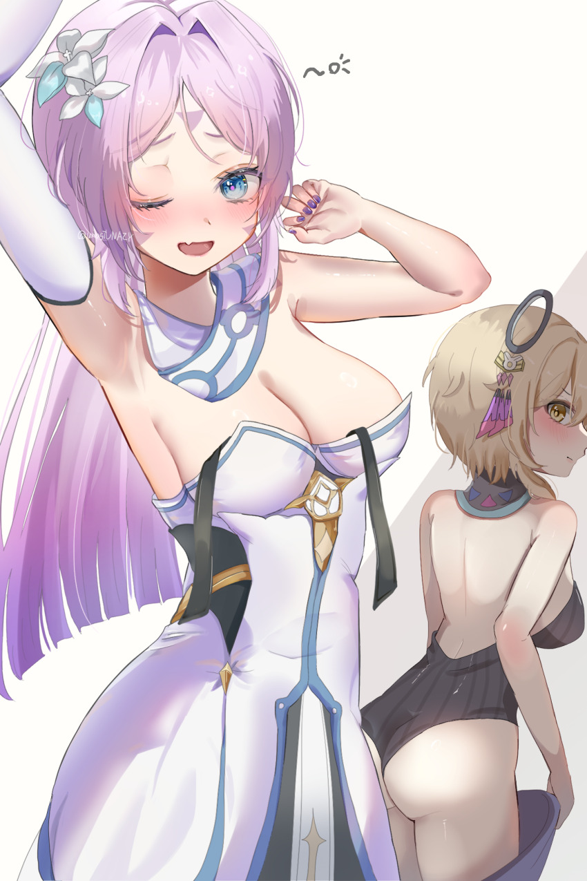 2girls, ;d, arm_up, armpits, ass, backless_leotard, bare_shoulders, black_leotard, blonde_hair, blue_eyes, chuuna_(unagiunazy), citlali_(genshin_impact), citlali_(genshin_impact)_(cosplay), cosplay, costume_switch, cowboy_shot, dress, flower, genshin_impact, hair_flower, hair_intakes, hair_ornament, highres, leotard, long_hair, looking_at_viewer, lumine_(genshin_impact), lumine_(genshin_impact)_(cosplay), multiple_girls, nail_polish, one_eye_closed, open_mouth, pink_hair, purple_nails, short_hair, smile, standing, strapless, strapless_dress, thighs, very_long_hair, white_background, white_dress