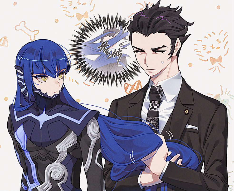 2boys, arms_up, black_hair, black_suit, blue_hair, bodysuit, breast_pocket, closed_eyes, collared_shirt, colored_eyelashes, commentary, elulit2, forked_eyebrows, formal_clothes, hair_slicked_back, hashtag-only_commentary, holding_another's_hair, jacket, koshimizu_hayao, lapels, layered_sleeves, long_hair, long_sleeves, looking_at_another, male_focus, multiple_boys, necktie, patterned_clothing, pocket, pocket_square, protagonist_(aogami_nahobino)_(smtv), protagonist_(smtv), ringed_eyes, shin_megami_tensei, shin_megami_tensei_iii:_nocturne, shirt, short_hair, suit, suit_jacket, sweat, sweatdrop, upper_body, very_long_hair, white_shirt, wing_collar, yellow_eyes