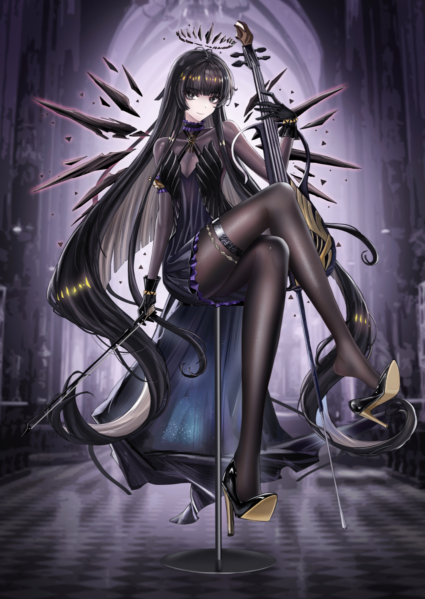 1girl, absurdres, arknights, black_eyes, black_gloves, black_hair, black_halo, black_pantyhose