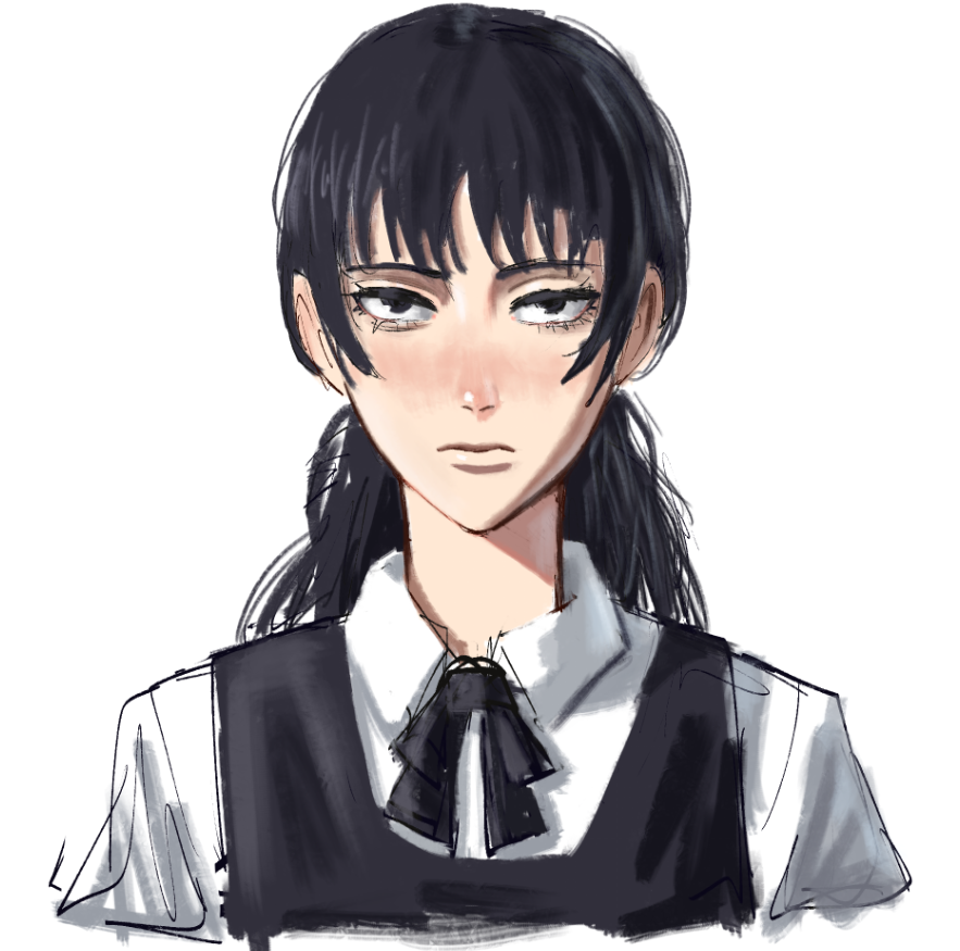 1girl, black_dress, black_eyes, black_hair, black_ribbon, chainsaw_man, closed_mouth, collared_shirt