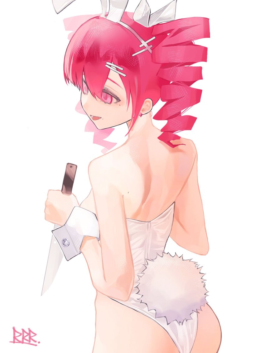alternate_costume, animal_ears, ass, breasts, drill_hair, fake_animal_ears, fake_tail, from_behind, hair_ornament, hairclip, highres, holding, holding_knife, kasane_teto, knife, leotard, lewenxijian, medium_breasts, open_mouth, playboy_bunny, rabbit_ears, rabbit_tail, red_eyes, red_hair, simple_background, strapless, strapless_leotard, tail, twin_drills, utau, white_background, white_leotard, white_wrist_cuffs, wrist_cuffs