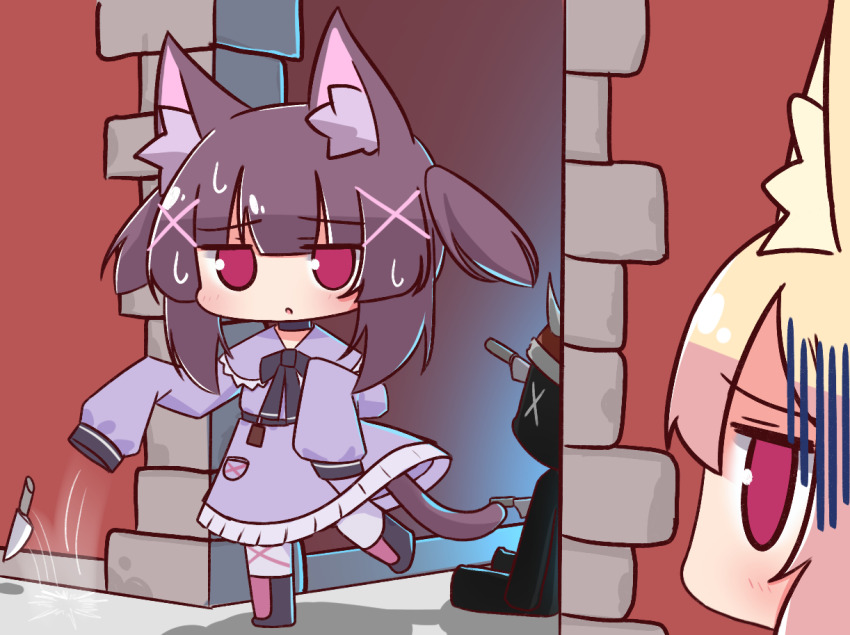 1boy, 2girls, animal_ear_fluff, animal_ears, black_choker, blonde_hair, borrowed_character, choker