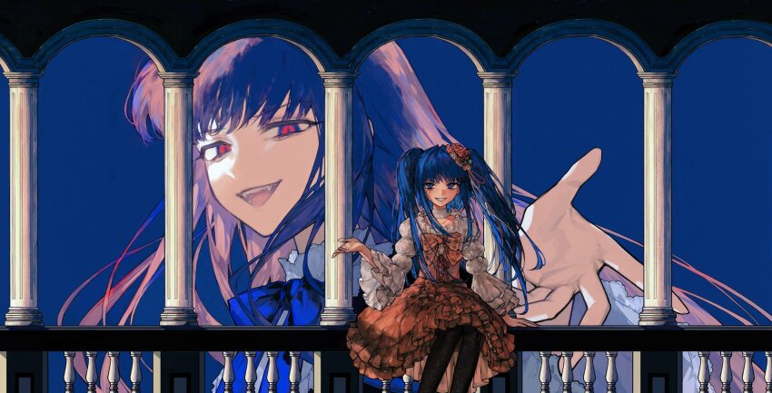 2girls, black_thighhighs, blue_eyes, blue_hair, blunt_bangs, cowboy_shot, fangs, frederica_bernkastel
