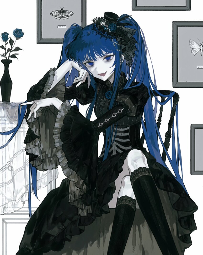 1girl, alternate_costume, black_dress, black_hat, black_thighhighs, blue_eyes, blue_hair, chair, crossed_legs, dress, fang, furudo_erika, hair_between_eyes, hat, highres, indoors, kkuang, long_hair, long_sleeves, looking_at_viewer, mini_hat, on_chair, open_mouth, sidelocks, sitting, skin_fang, smile, socks, solo, table, thighhighs, umineko_no_naku_koro_ni, wide_sleeves