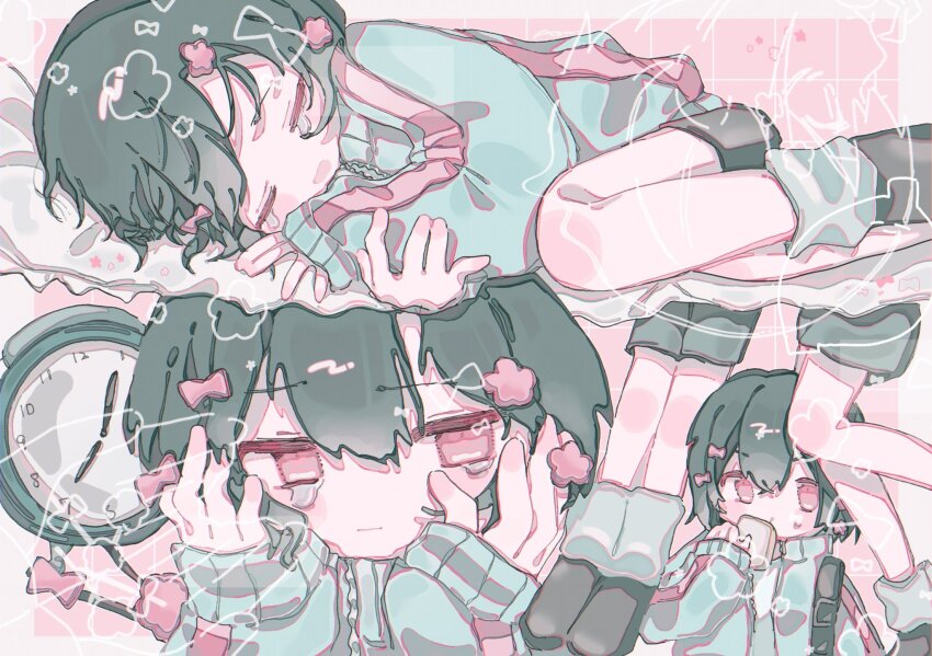 alarm_clock, apu_(aputto_9), aqua_jacket, border, bow, bread, bread_slice, cevio