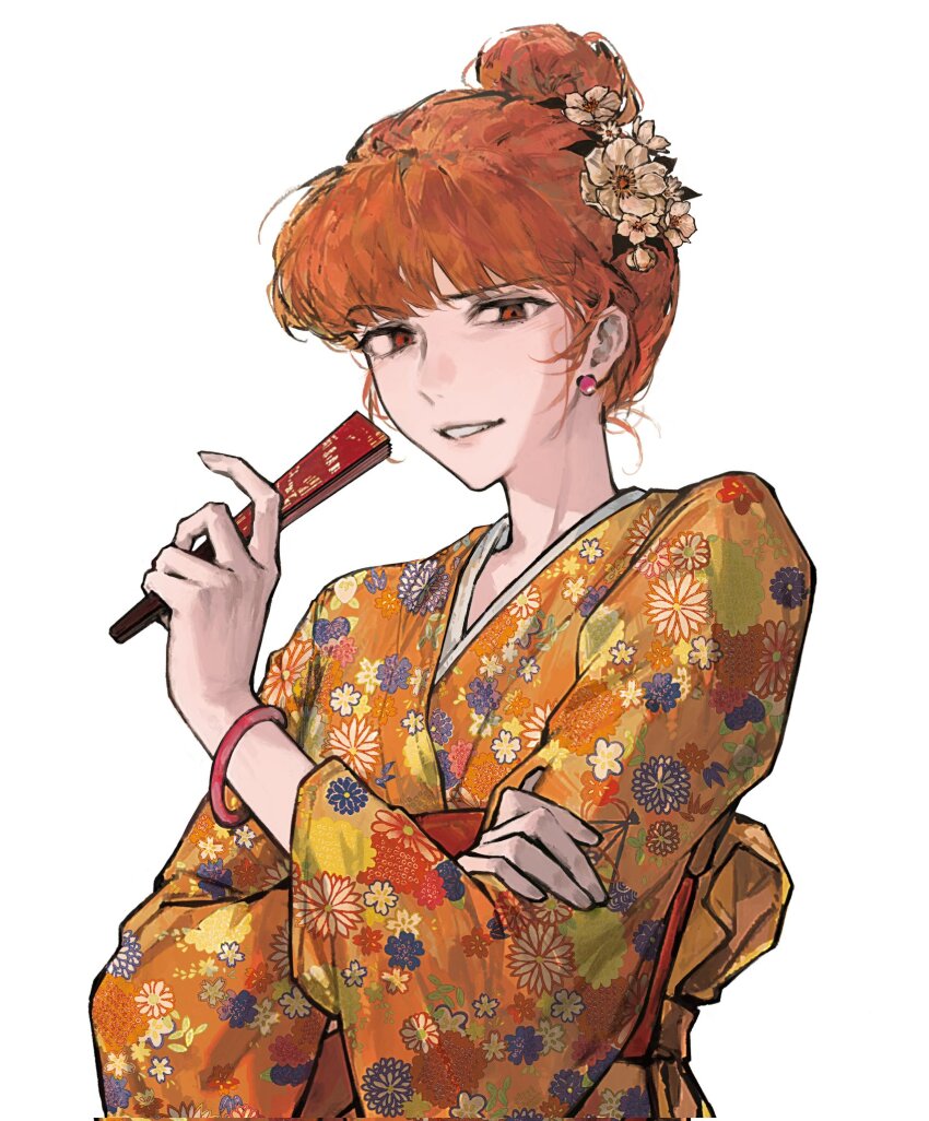 1girl, alternate_costume, bracelet, fingernails, flower, hair_between_eyes, hair_bun, hair_flower