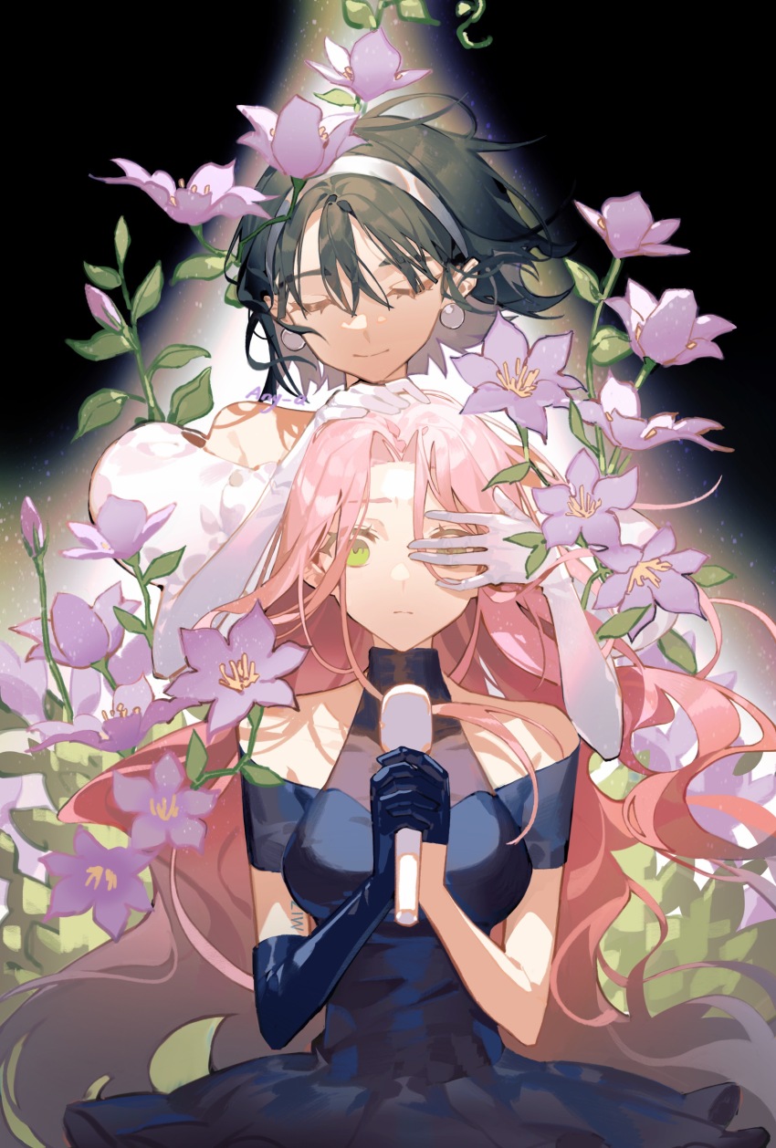 2girls, absurdres, alien_stage, aniao_ya, asymmetrical_gloves, bare_shoulders, black_dress, black_gloves