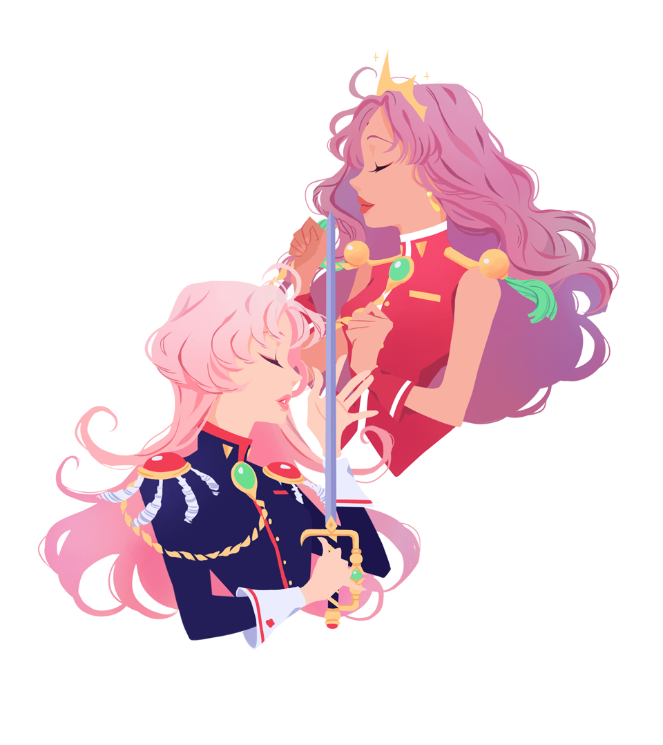 2girls, closed_eyes, commentary, crown, epaulettes, high_collar, himemiya_anthy, holding, holding_sword, holding_weapon, multiple_girls, pink_hair, pink_lips, profile, purple_hair, red_lips, shoujo_kakumei_utena, simple_background, sleeveless, sword, tenjou_utena, upper_body, verociraptorr, weapon, white_background