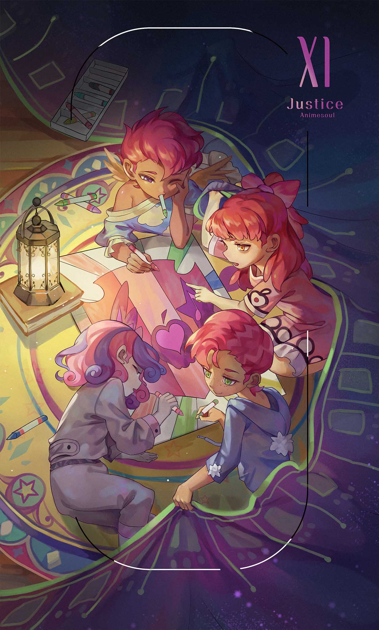 4girls, animesoul, apple_bloom, babs_seed, blanket, bow, card_(medium), chinese_commentary, closed_eyes, commentary_request, covering_with_blanket, crayon, cutie_mark_crusaders, dark-skinned_female, dark_skin, elbow_rest, freckles, green_eyes, hair_bow, hand_on_own_cheek, hand_on_own_face, highres, holding, holding_crayon, hood, hood_down, justice_(tarot), kneeling, lantern, long_sleeves, lying, multicolored_hair, multiple_girls, my_little_pony, my_little_pony:_equestria_girls, my_little_pony:_friendship_is_magic, off_shoulder, on_floor, on_side, on_stomach, open_mouth, pajamas, personification, pink_hair, pointing, purple_hair, red_hair, rug, scootaloo, short_hair, short_sleeves, sleeping, smile, streaked_hair, sweetie_belle, tarot, tarot_(medium), wings, yellow_eyes